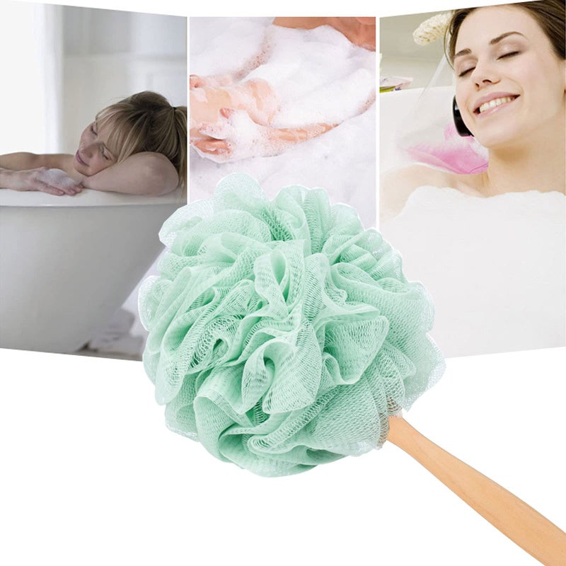أرسوين Arswin Loofah Sponge Back Scrubber، فرشاة استحمام خشبية ذات مقبض طويل Lufa، فرشاة تنظيف خلفية شبكية من النايلون الناعم، للرجال والنساء، وسادة لوفا مقشرة على عصا للجسم (أخضر) - Image 3